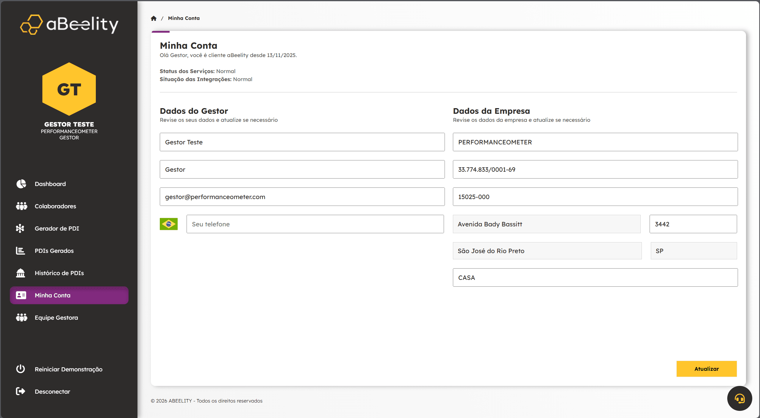 Abaixo do histórico de PDI temos o "Minha Conta", onde será possível os gestores atualizarem seus dados e os dados da empresa. Colaboradores não terão acesso à edição dos dados da empresa.