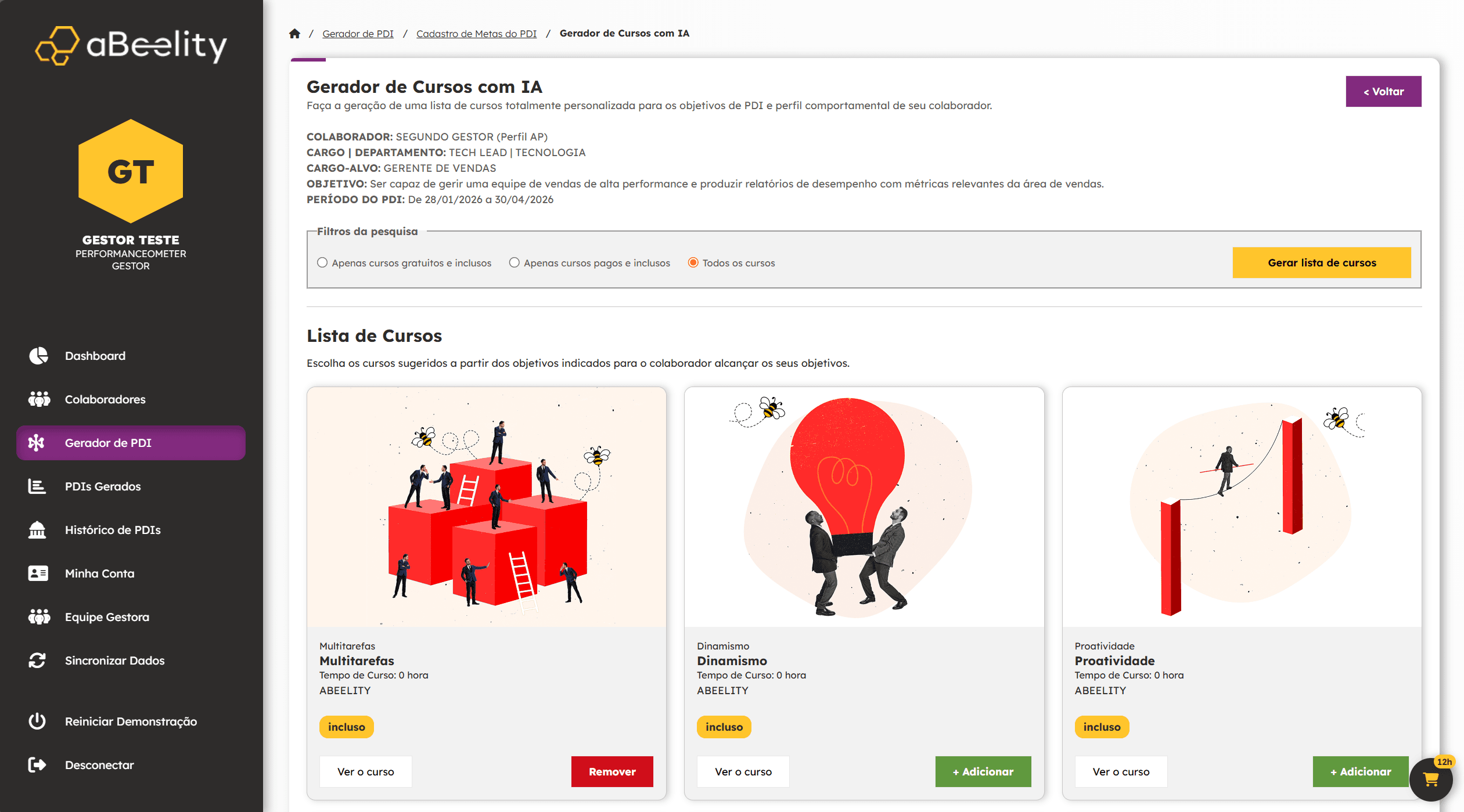 Quando selecionar a geração de cursos, aparecerá uma lista como esta, com os cursos mais indicados para o objetivo do PDI. Você também pode filtrar por cursos pagos e inclusos, gratuitos e inclusos ou ambos.
