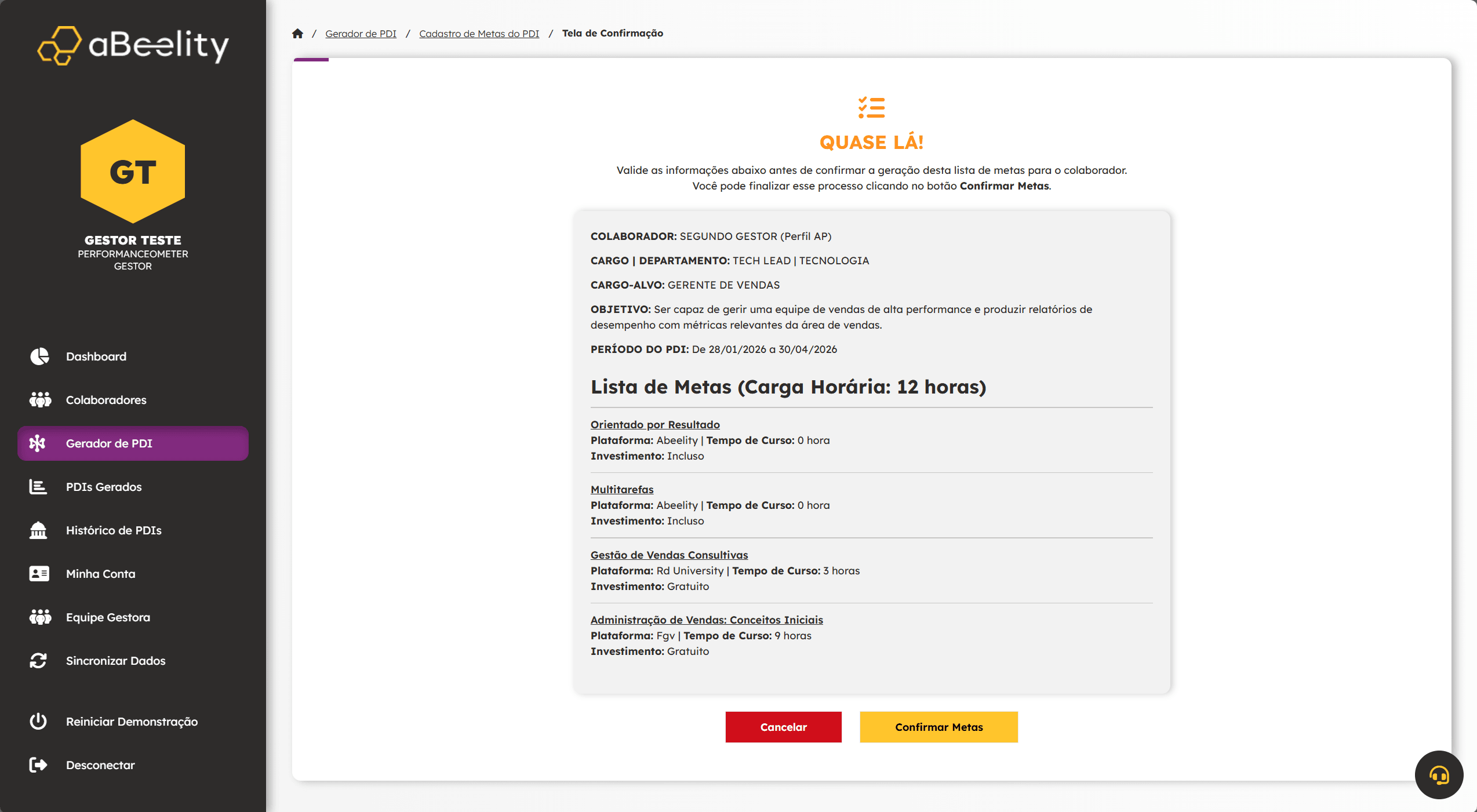 Ao fazer as escolhas dos cursos e salvar, aparecerá esta tela de verificação para que você possa conferir a seleção dos cursos.