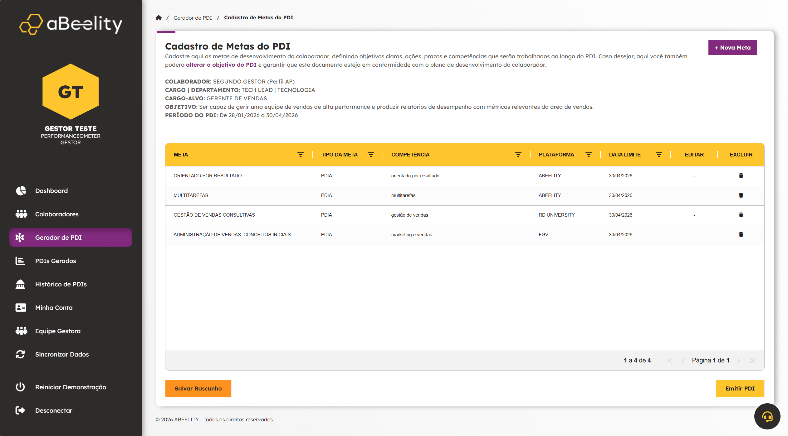Com os cursos inseridos e metas cadastradas, você pode emitir o PDI do colaborador.